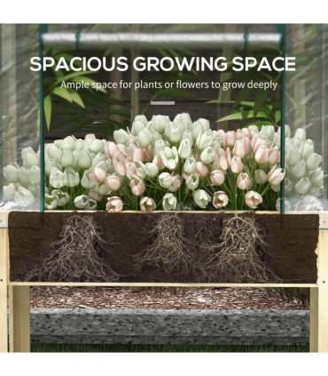 Outsunny Wooden Raised Planter, Garden Bed with Greenhouse Cover and Bed Liner