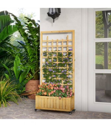 Outsunny Wooden Trellis Planter, Raised Garden Bed with Wheels and Bed Liner