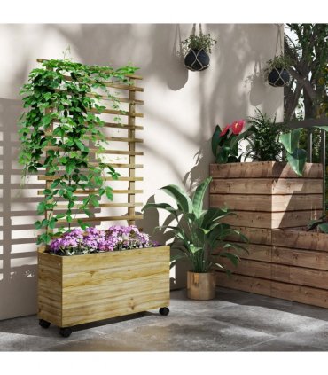 Outsunny Garden Wooden Trellis Planter Box Raised Bed w/ 4 Wheels, Natural