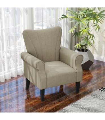 HOMCOM Armchair, Upholstered Modern Accent Chair with Wood Legs, Beige