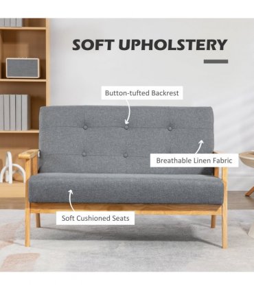 HOMCOM Modern 2-Seater Sofa Upholstery Couch with Rubber Wood Legs Dark Grey