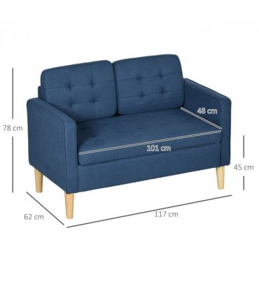 HOMCOM Compact Loveseat Sofa 2 Seater Sofa with Storage and Wood Legs Blue