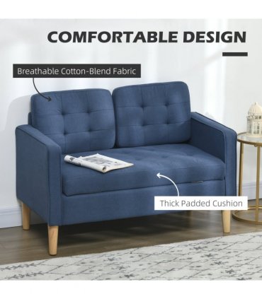 HOMCOM Compact Loveseat Sofa 2 Seater Sofa with Storage and Wood Legs Blue
