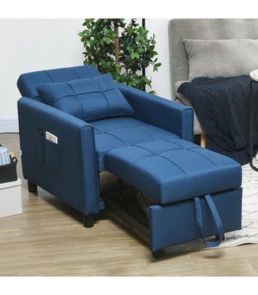 HOMCOM Pull Out Chair Bed, Sleeper Chair with Pillow, Side Pockets, Blue