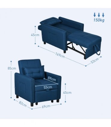 HOMCOM Pull Out Chair Bed, Sleeper Chair with Pillow, Side Pockets, Blue