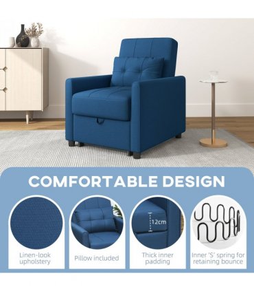 HOMCOM Pull Out Chair Bed, Sleeper Chair with Pillow, Side Pockets, Blue