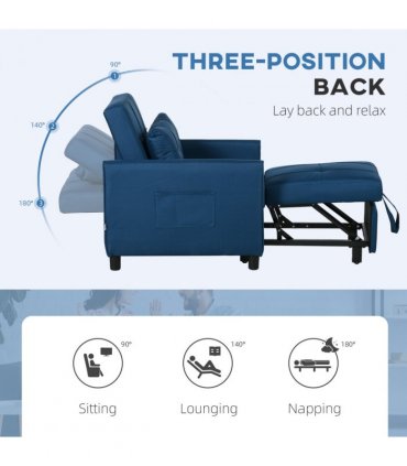 HOMCOM Pull Out Chair Bed, Sleeper Chair with Pillow, Side Pockets, Blue