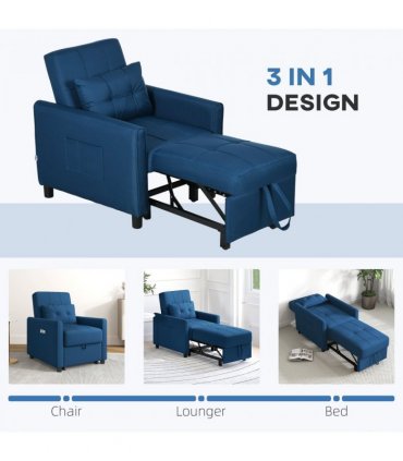 HOMCOM Pull Out Chair Bed, Sleeper Chair with Pillow, Side Pockets, Blue