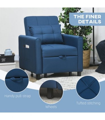 HOMCOM Pull Out Chair Bed, Sleeper Chair with Pillow, Side Pockets, Blue