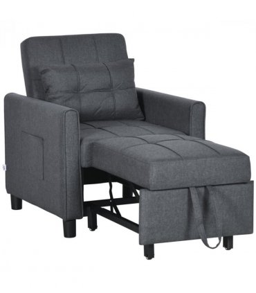 HOMCOM Pull Out Chair Bed, Sleeper Chair with Pillow, Side Pockets, Grey