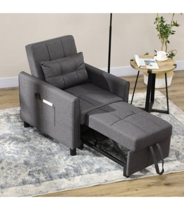 HOMCOM Pull Out Chair Bed, Sleeper Chair with Pillow, Side Pockets, Grey