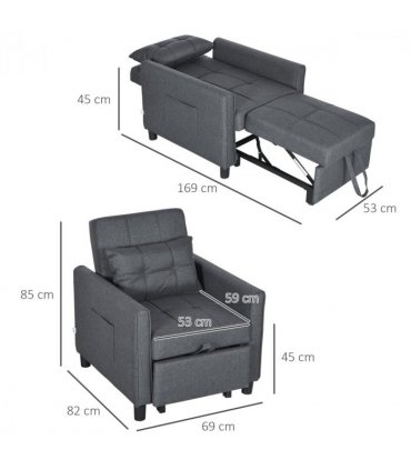 HOMCOM Pull Out Chair Bed, Sleeper Chair with Pillow, Side Pockets, Grey