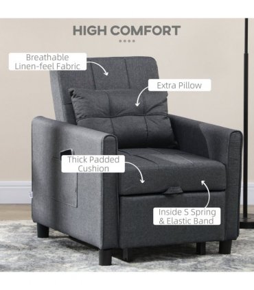 HOMCOM Pull Out Chair Bed, Sleeper Chair with Pillow, Side Pockets, Grey