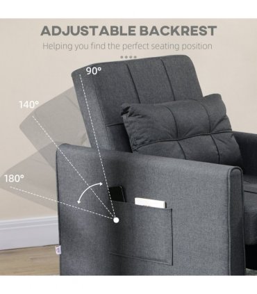 HOMCOM Pull Out Chair Bed, Sleeper Chair with Pillow, Side Pockets, Grey