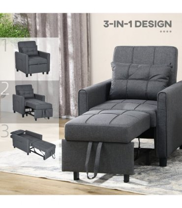 HOMCOM Pull Out Chair Bed, Sleeper Chair with Pillow, Side Pockets, Grey