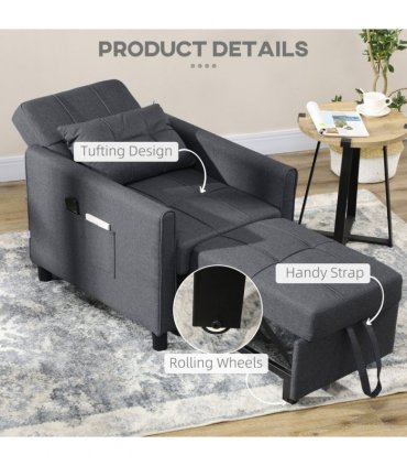 HOMCOM Pull Out Chair Bed, Sleeper Chair with Pillow, Side Pockets, Grey