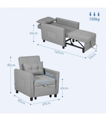 Chair Bed Light Grey 69L x 82W x 85H cm Sleeper Chair with Pillow, Side Pockets