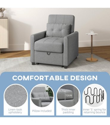 Chair Bed Light Grey 69L x 82W x 85H cm Sleeper Chair with Pillow, Side Pockets