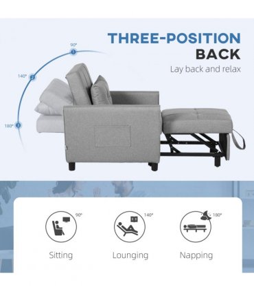 Chair Bed Light Grey 69L x 82W x 85H cm Sleeper Chair with Pillow, Side Pockets