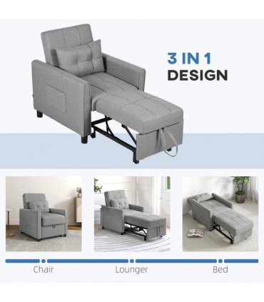 Chair Bed Light Grey 69L x 82W x 85H cm Sleeper Chair with Pillow, Side Pockets