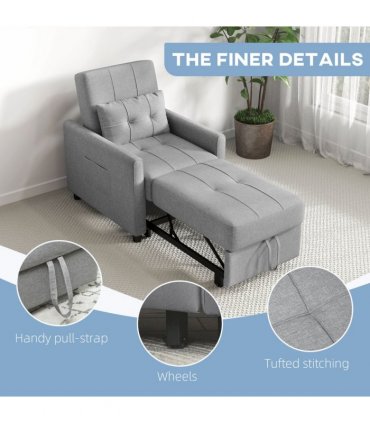 Chair Bed Light Grey 69L x 82W x 85H cm Sleeper Chair with Pillow, Side Pockets