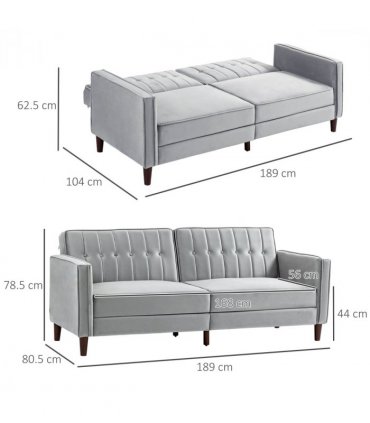 HOMCOM Convertible Sofa Futon Velvet-Touch Tufted Couch Sofa Bed Split Back Grey