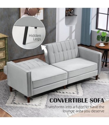 HOMCOM Convertible Sofa Futon Velvet-Touch Tufted Couch Sofa Bed Split Back Grey