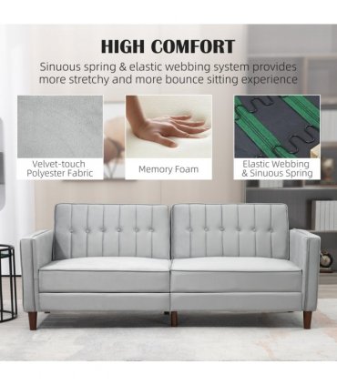 HOMCOM Convertible Sofa Futon Velvet-Touch Tufted Couch Sofa Bed Split Back Grey