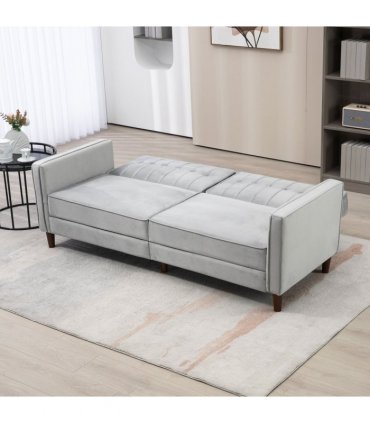 HOMCOM Convertible Sofa Futon Velvet-Touch Tufted Couch Sofa Bed Split Back Grey