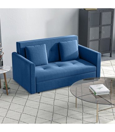 HOMCOM 2 Seater Sofa Bed Convertible Bed Settee w/ 2 Cushions Storage Blue