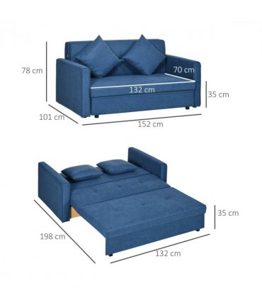 HOMCOM 2 Seater Sofa Bed Convertible Bed Settee w/ 2 Cushions Storage Blue