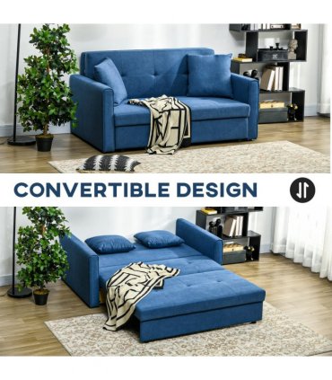 HOMCOM 2 Seater Sofa Bed Convertible Bed Settee w/ 2 Cushions Storage Blue
