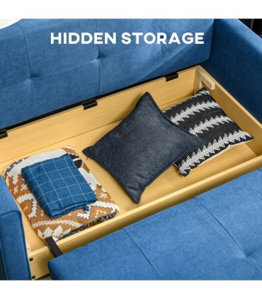 HOMCOM 2 Seater Sofa Bed Convertible Bed Settee w/ 2 Cushions Storage Blue