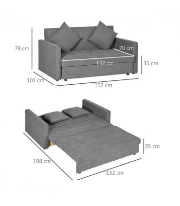 HOMCOM 2 Seater Sofa Bed Convertible Bed Settee w/ 2 Cushions Storage Light Grey