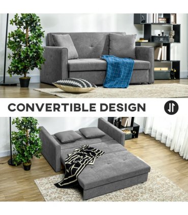 HOMCOM 2 Seater Sofa Bed Convertible Bed Settee w/ 2 Cushions Storage Light Grey