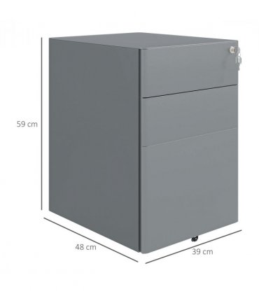 Steel Grey 3 Drawer Metal Filing Cabinet Lockable 5 Wheels Compact Under Desk