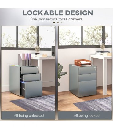 Steel Grey 3 Drawer Metal Filing Cabinet Lockable 5 Wheels Compact Under Desk
