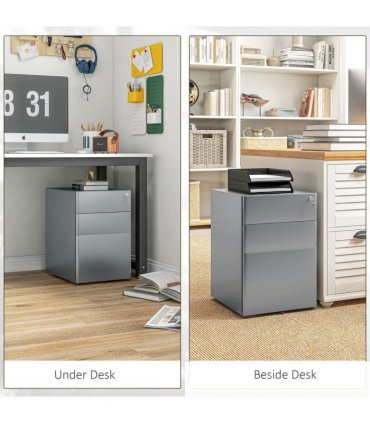Steel Grey 3 Drawer Metal Filing Cabinet Lockable 5 Wheels Compact Under Desk