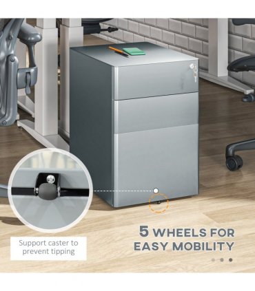 Steel Grey 3 Drawer Metal Filing Cabinet Lockable 5 Wheels Compact Under Desk