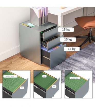 Steel Grey 3 Drawer Metal Filing Cabinet Lockable 5 Wheels Compact Under Desk