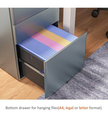 Steel Grey 3 Drawer Metal Filing Cabinet Lockable 5 Wheels Compact Under Desk