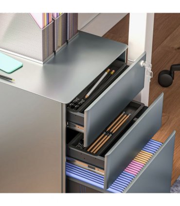 Steel Grey 3 Drawer Metal Filing Cabinet Lockable 5 Wheels Compact Under Desk
