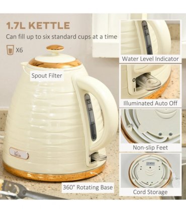 HOMCOM Kettle and Toaster Set 1.7L Rapid Boil Kettle & 4 Slice Toaster Beige