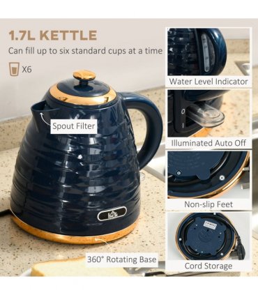 HOMCOM Kettle and Toaster Set 1.7L Rapid Boil Kettle & 4 Slice Toaster Blue