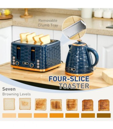 HOMCOM Kettle and Toaster Set 1.7L Rapid Boil Kettle & 4 Slice Toaster Blue