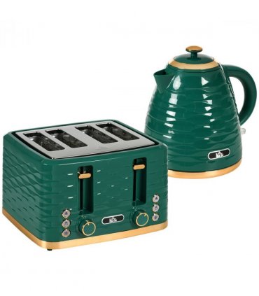 Kitchen Set Green 1.7L Rapid Boil Kettle & 4 Slice Toaster Pebbled Design