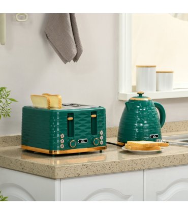 Kitchen Set Green 1.7L Rapid Boil Kettle & 4 Slice Toaster Pebbled Design
