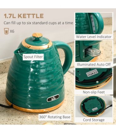 Kitchen Set Green 1.7L Rapid Boil Kettle & 4 Slice Toaster Pebbled Design