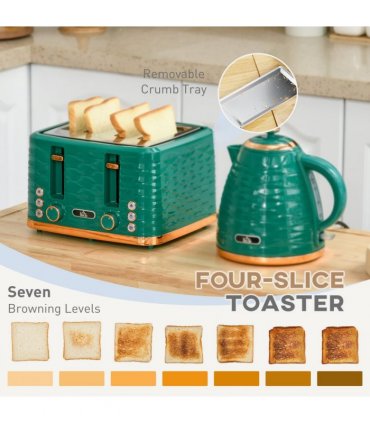 Kitchen Set Green 1.7L Rapid Boil Kettle & 4 Slice Toaster Pebbled Design