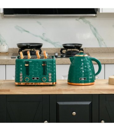 Kitchen Set Green 1.7L Rapid Boil Kettle & 4 Slice Toaster Pebbled Design